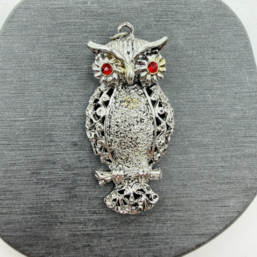 Silver Tone Red Rhinestone Eye Owl Pendant Gothic Halloween Statement Jewelry